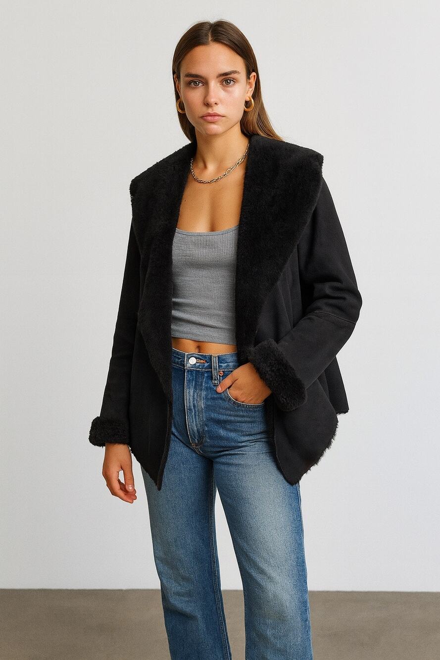 Vintage Y2K UGG Australia Shearling Suede Open Cardigan Sweater Black Medium